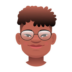 Wall Mural - Face of a black-skinned boy with glasses with down syndrome. Cheerful expression on the face of a sunny child.