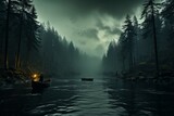 Fototapeta Natura - Peaceful lake surrounded by dark forest silhouettes, Generative AI