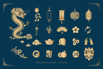 Wall Mural - lunar chinese new year decoration flat element set, vector design, in dark blue background