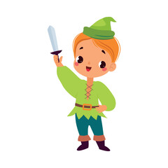 Poster - Cute Boy in Green Costume with Sword as Fairy Tale Character Vector Illustration