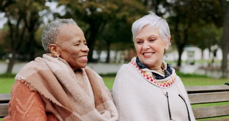 Wall Mural - Senior women on bench in park with smile, friends and outdoor adventure in garden for quality time. Happiness, friendship and retirement, old people bonding together in nature for freedom and fun.