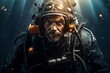 Submerged Portrait male scuba diver under the water. Exploring underwater world in diving equipment. Generate ai