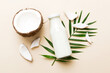 coconut products on white wooden table background. Dairy free milk substitute drink, Flat lay healthy eating