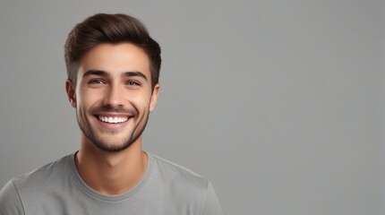 Portrait of handsome young man on grey background, space for text.