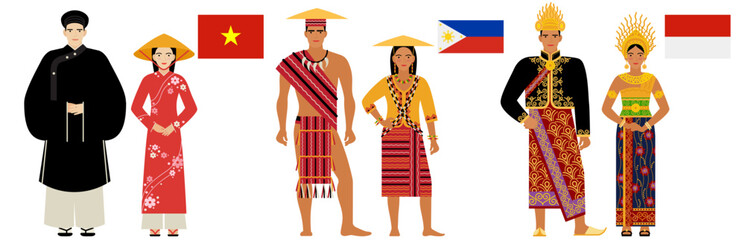 flags and national costumes of Southeast Asian countries. couples of young people in the national, traditional clothes of Vietnam, the Philippines, Indonesia, highlighted on a white background. EPS 10