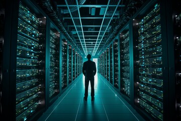 Poster - Man data center. Worker computer. Generate Ai