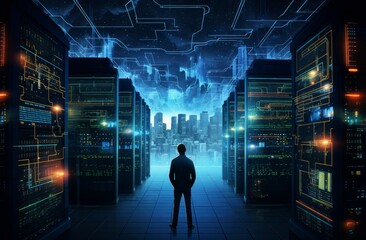 Poster - Digital Man data center. Worker computer. Generate Ai