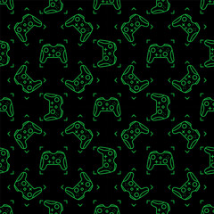 Poster - Console Gamepad vector Gamer Device dark seamless pattern in thin line style