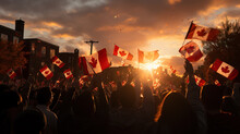 A Jubilant Crowd Waving Canadian Flags During A Patriotic Sunset Celebration, Cast In Silhouette Against A Vibrant Sky.