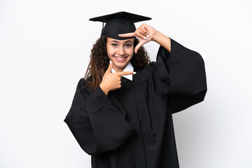 Wall Mural - Young university graduate Arab woman isolated on white background focusing face. Framing symbol