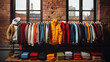 Rows of colorful jackets and sweaters displayed in a trendy clothing store with a brick wall backdrop and city view.