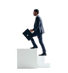 Wall Mural - Businessman climbing to the top of his career ladder on a transparent background