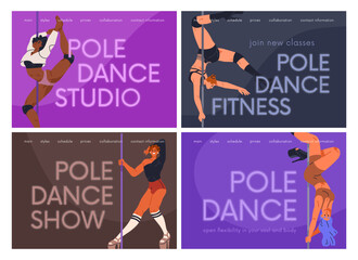 Poster - Pole dance classes, web-site background designs set. Poledance dancers, website template, landing page, internet banner with sexy women at high heels show, school, studio. Flat vector illustrations