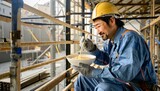 Fototapeta  - ビルの工事現場で休憩中にカップラーメンを食べている男性作業員