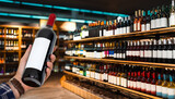Fototapeta  - Wine bottle in hand of customer in front of blurred wine shop. Liquor store.