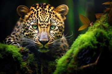 Wall Mural - A dangerous leopard in the wild, an attentive and powerful carnivore in its natural habitat.