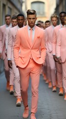 Canvas Print - Handsome male models wearing peach suits on the catwalk in a fashion show. The trending color of 2024, the beauty of the concept.