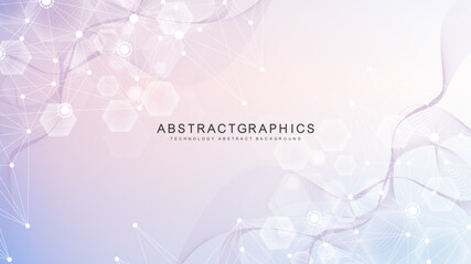 Poster - Modern scientific background with hexagons, lines and dots. Wave flow abstract background. Molecular structure for medical, technology, chemistry, science. Vector illustration