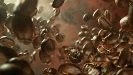 Aufkleber - Super Slow Motion of Rotating Falling Coffee Beans Isolated on Brown Background. Macro Shot, Smoke on Background. Filmed on High Speed Cinema Camera, 1000 fps.