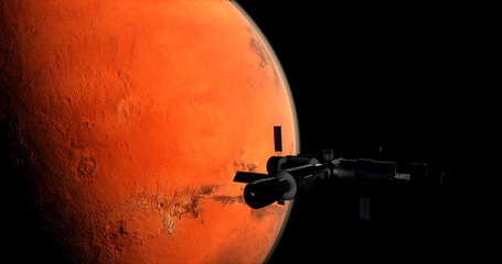 Wall Mural - Spaceship arriving at planet Mars, space mission to the red plan