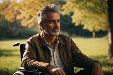Poster - A handsome smiling contented disabled man of 60-70 years old is sitting in a wheelchair in nature against a background of trees in sunny weather.