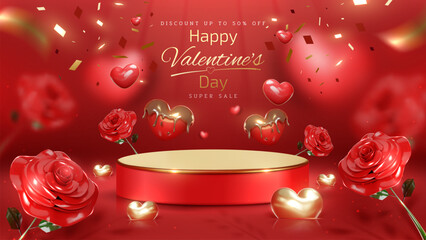 Wall Mural - valentine's day background with red podium and 3d realistic cute hearts covered in chocolate and dec