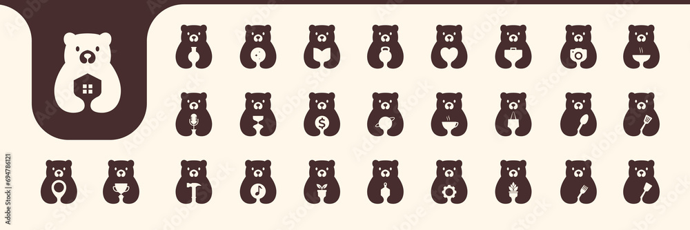 bear cute flat mascot minimal icon collection set logo design vector ...