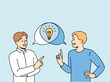 © Dzianis Vasilyeu - Man is doing joint brainstorming session, discussing ideas for making money, standing near speech bubbles with light bulb. Teamwork of student guys using brainstorming to find consensus