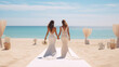 © mariiaplo - two brides holding hands on the wedding ceremony on white sand beach by the ocean, Tropical wedding. Back view