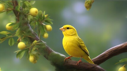 Wall Mural - Yellow canary bird on a branch of an apple tree in spring