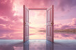 © krissikunterbunt - open door stand by pink lake nature landscape mystic dream
