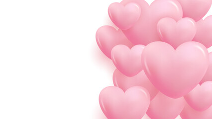 Poster - Romantic background with 3d pink glossy hearts for wedding invitations or Valentine's Day holiday greetings. Vector Illustration.