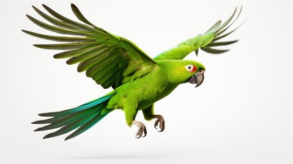 whimsy of a hilarious green parrot with vibrant feathers, striking funny poses on a clean white studio background.