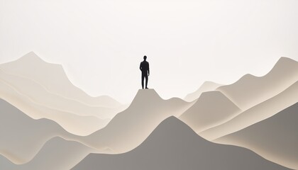 A person standing on a mountain top, Challenge, goal, success concept, paper cut art.