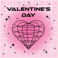 Poster - Valentine's Day card in y2k style with wireframe heart. Retro-futuristic 2000s aesthetic. Vector illustration