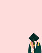 Hijab graduation vector illustration. Muslim girl graduate illustration covering her face with a graduation cap and holding her diploma in other hand, copy space