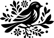 Black And White Bird In The Tree Silhouette On A Branch With Flowers, In The Style Of Folk Art-inspired Illustrations, Rounded, Inlay, Clean And Sharp Inking, Symmetrical Design, Distinctive Character