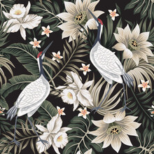 Tropical Vintage Stork, White Lotus, Orchid Flower, Palm Leaves Floral Seamless Pattern Black Background. Exotic Jungle Wallpaper.