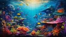 A Captivating Underwater Scene With Vibrant Coral Reefs, Featuring An Array Of Exotic And Colorful Fish Swimming Gracefully.
