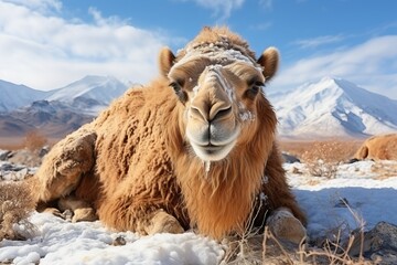 Wall Mural - A camel in the snow on the background of snow-capped mountains