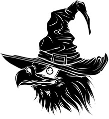 Sticker - vector black silhouette of head eagle with wizard hat