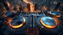 future style music dj turntables and audio control with cyberpunk city skyline