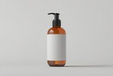 Fototapeta  - Bottle of medicine, health product with empty, blank, white sticker area for brand logo. Mock-up, mockup concept for cosmetic and self cleaning products.