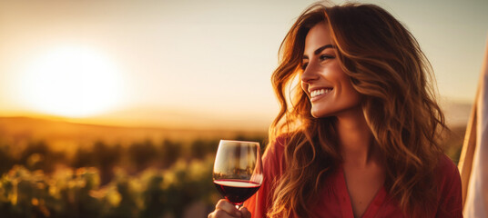 Portrait of a beautiful smiling girl with a glass of wine with a blurred backdrop of vineyard on a sunset. Generative AI