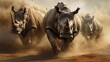 Rhinos kicking up dust as they charge across a realistic 3D-rendered plain, capturing the power and energy of these magnificent creatures.