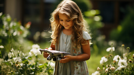 Portrait of kid with quadcopter drone at outdoors, happy girl holding with flying drone with camera controlled by remote.Ai