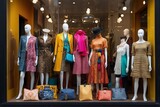 Fototapeta  - A beautiful bright multicolored showcase of a women's clothing store. White mannequins wearing different clothes, accessories, bags in the shop window. Shopping, interior designer concepts.