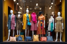 A Beautiful Bright Multicolored Showcase Of A Women's Clothing Store. White Mannequins Wearing Different Clothes, Accessories, Bags In The Shop Window. Shopping, Interior Designer Concepts.