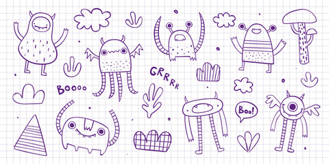 Wall Mural - set of cute doodle monsters sketches. vector collection of friendly scribble beasts for kids. sketch