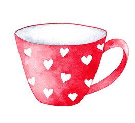 Watercolor illustration. Red cup with white hearts isolated on white background.